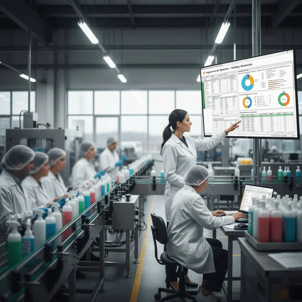 Supervisores y operarios consolidando datos en planillas de Excel para optimizar turnos y recursos en los Cursos de Excel para Manufactura y Producción.