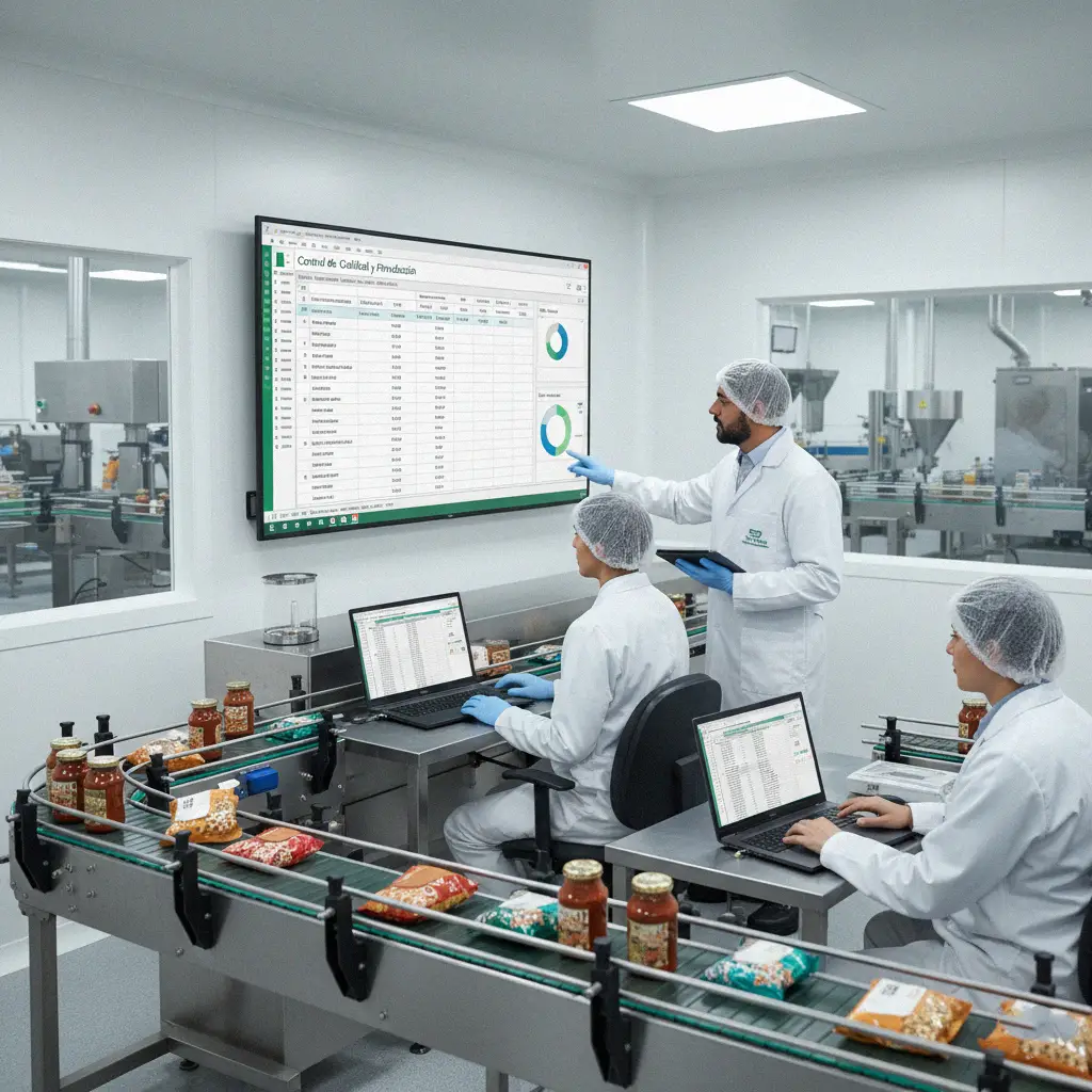 Ingenieros de calidad registrando y validando datos en Excel en una planta de alimentos, como parte de los Cursos de Excel para Manufactura y Producción en Chile.