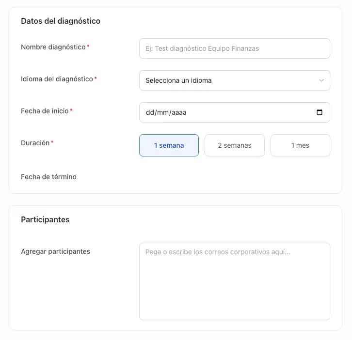 Formulario para crear un Test diagnóstico de Excel con nombre, idioma, fecha de inicio, duración y correos del equipo