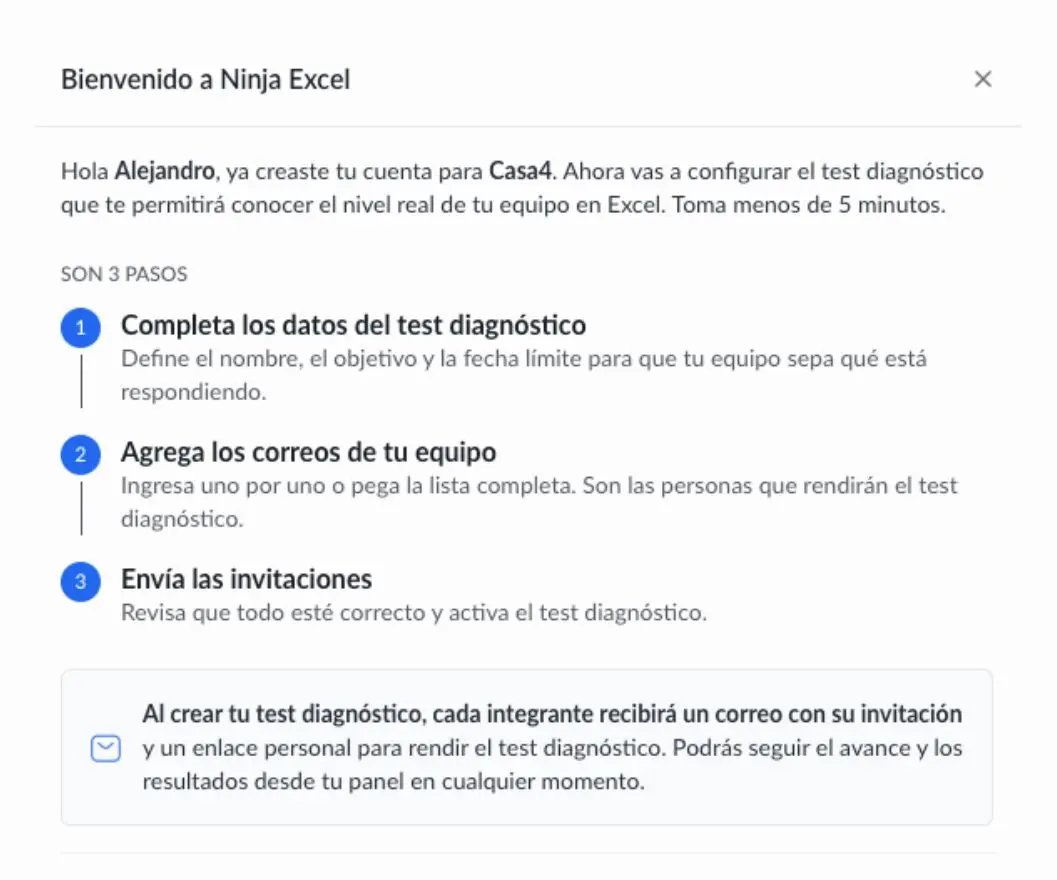 Ventana de bienvenida del Perfil Administrador de Ninja Excel con los tres pasos para crear un Test diagnóstico de Excel