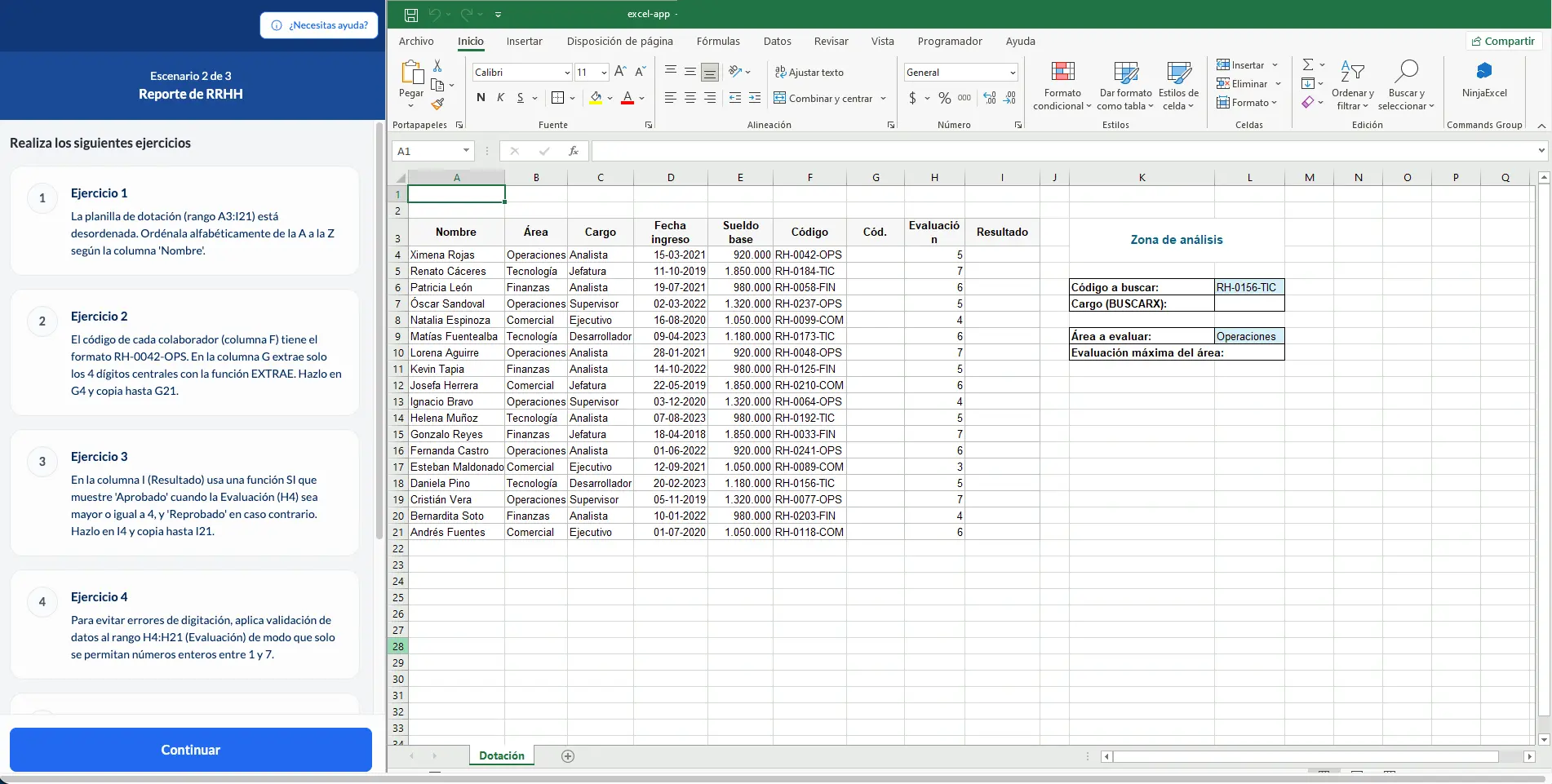Caso de Personas del Test diagnóstico resuelto en una planilla de Excel dentro de la plataforma de Ninja Excel